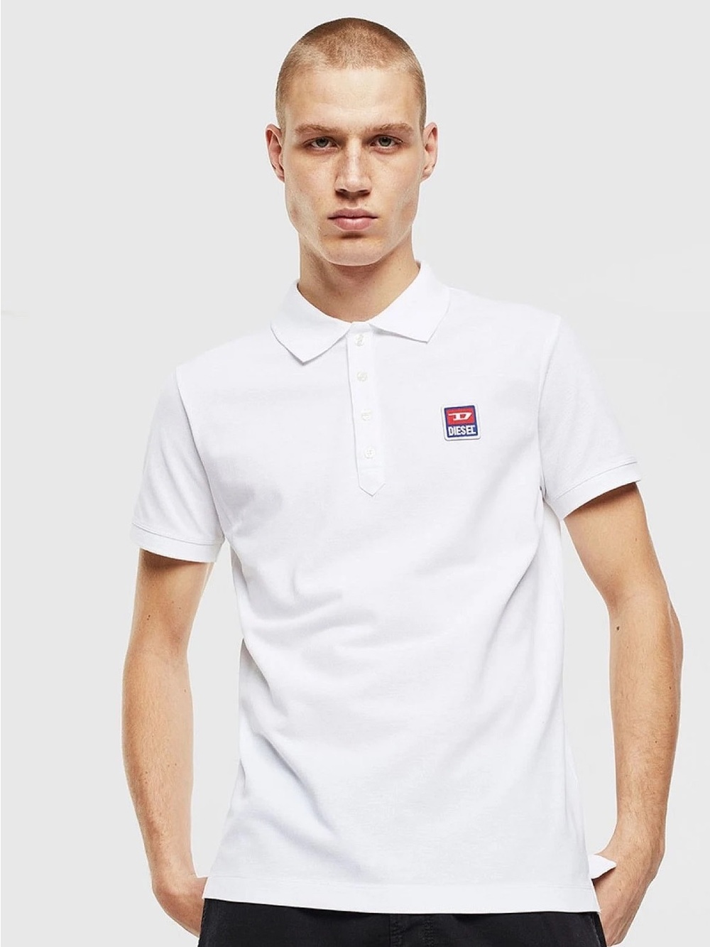 Diesel Men's White Polo Shirt with Logo Patch